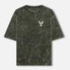 PATINA — Acid Wash Oversized Tee in olive green, front view with the LUXORIQ phoenix crest at the left chest