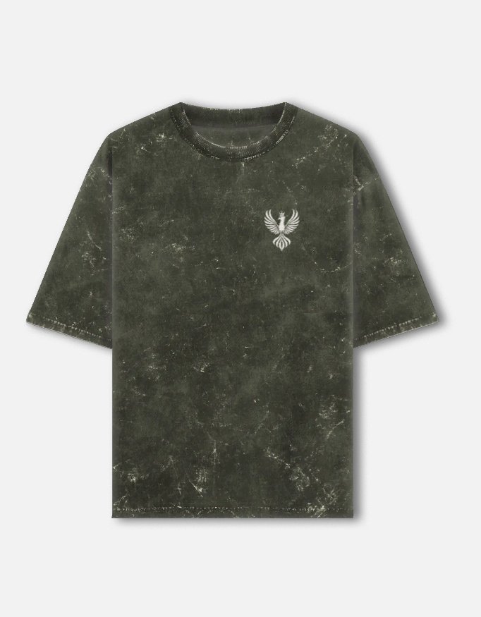 PATINA — Acid Wash Oversized Tee in olive green, front view with the LUXORIQ phoenix crest at the left chest