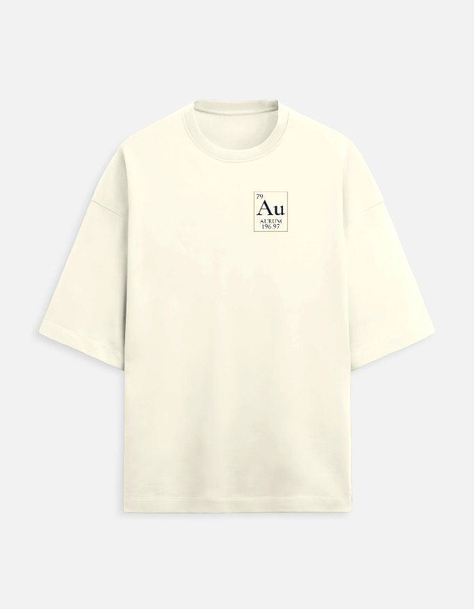aurum-terry-oversized-tee-off-white-front AURUM — Terry Oversized Tee in off white, front view with the Au element tile and AURUM wordmark
