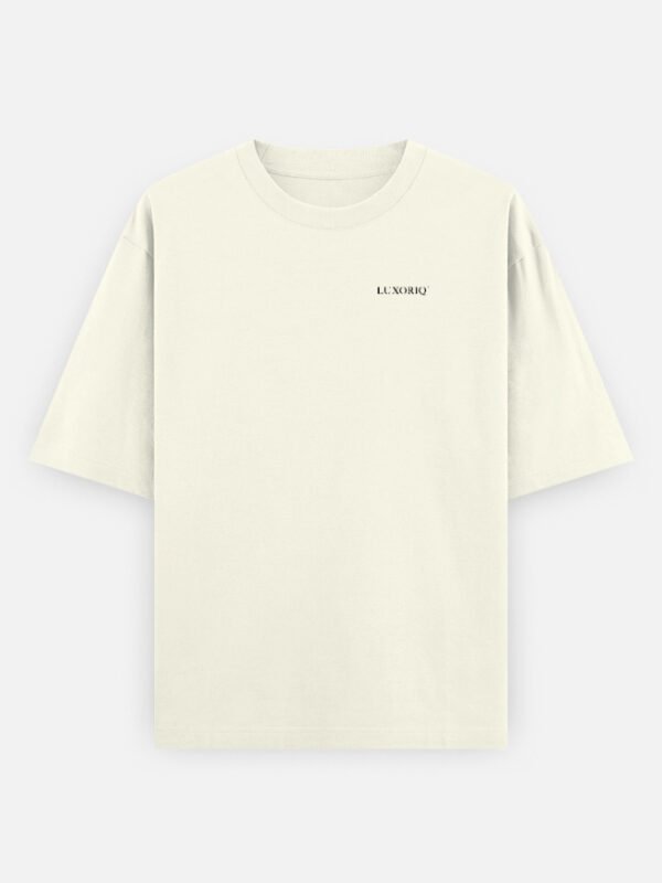 latitudes-offwhite-front LATITUDES Oversized Tee in off white, front view with the LUXORIQ wordmark at the left chest