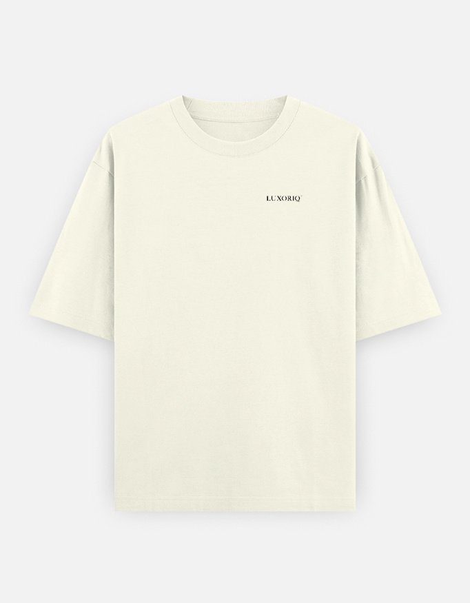 latitudes-offwhite-front LATITUDES Oversized Tee in off white, front view with the LUXORIQ wordmark at the left chest