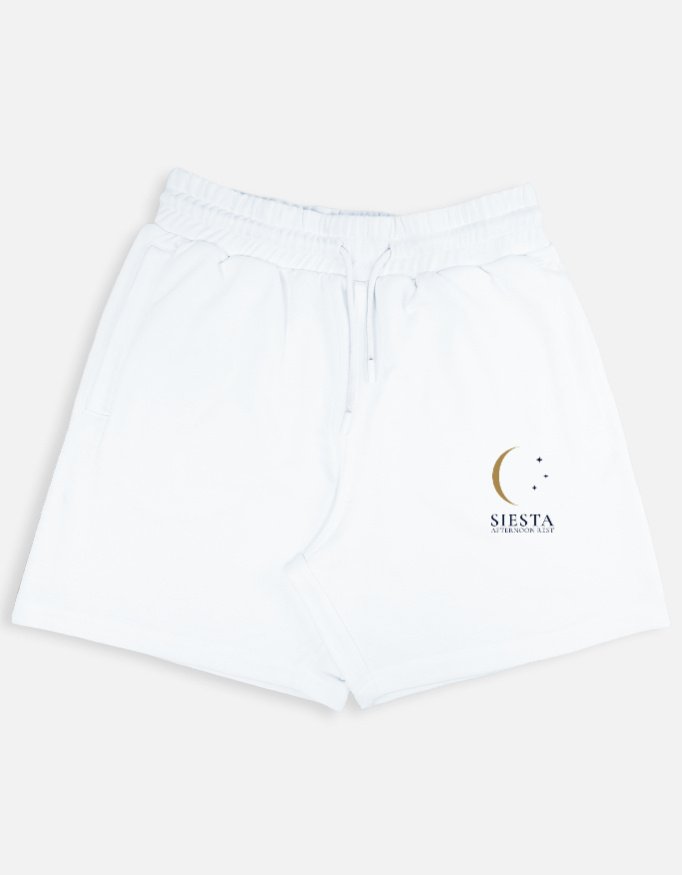 siesta-terry-shorts-white SIESTA — Terry Shorts in white, crescent moon and stars on the left leg