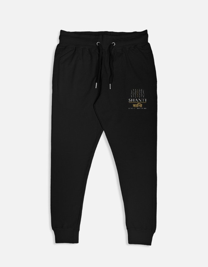 shanti-joggers-black SHANTI — Mindful Movement Joggers in black, left-leg print of wave lines, SHANTI and शान्ति