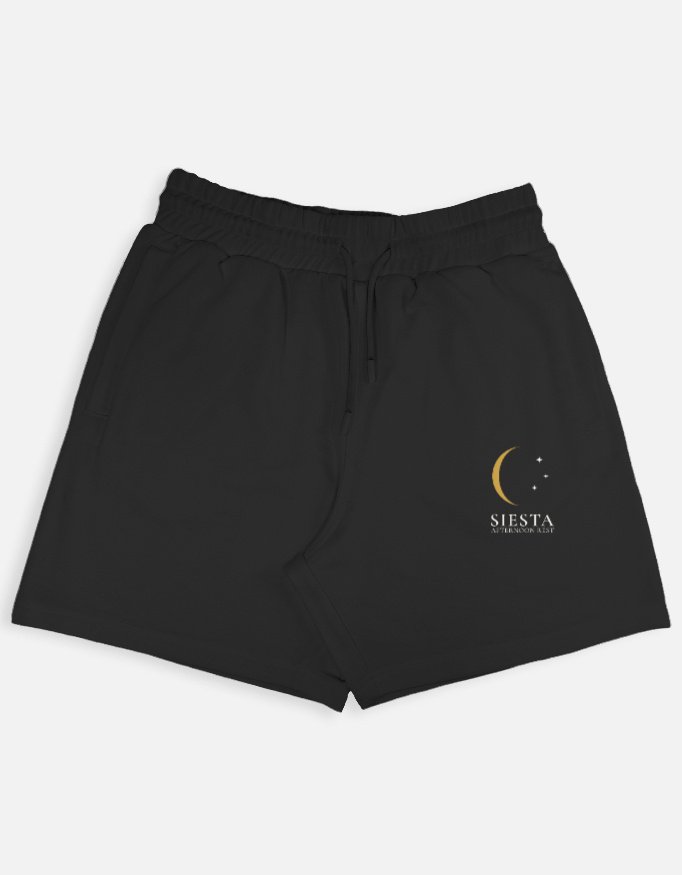 siesta-terry-shorts-black SIESTA — Terry Shorts in black, crescent moon and stars on the left leg