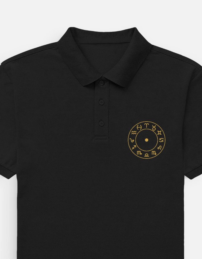 rashi-zodiac-polo-black RASHI — Zodiac Polo in black, left chest embroidery of twelve zodiac marks