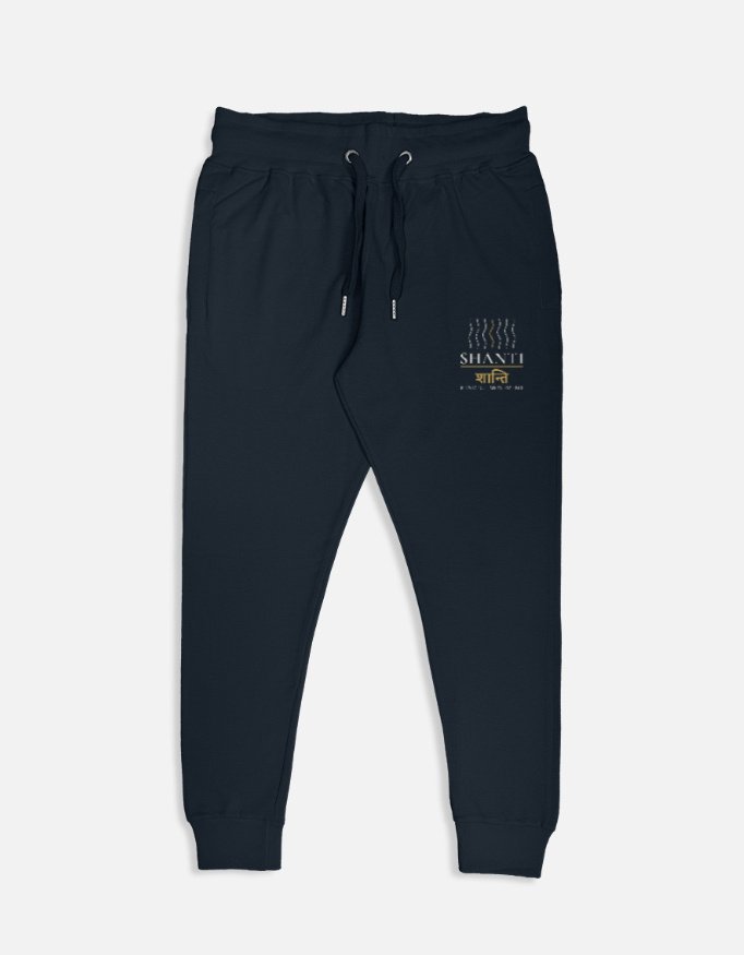 shanti-joggers-navy-blue SHANTI — Mindful Movement Joggers in navy blue, left-leg print of wave lines, SHANTI and शान्ति