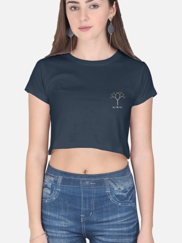 KORAL — Crop Top in navy blue, left chest coral line drawing