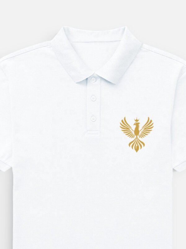 LUXORIQ Crest Polo in white, front view with the embroidered gold phoenix at the left chest