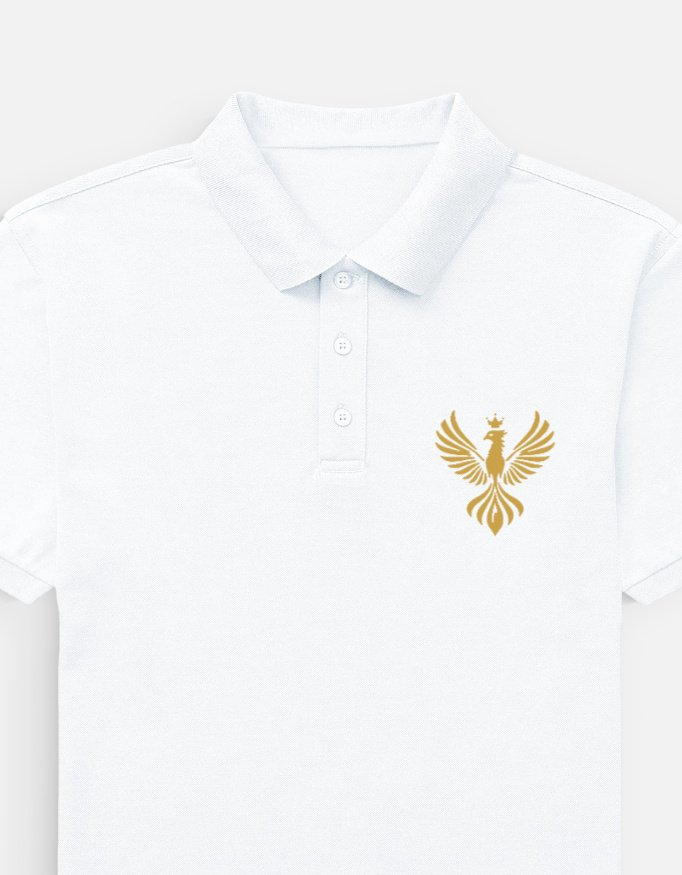 luxoriq-crest-polo-phoenix-front LUXORIQ Crest Polo in white, front view with the embroidered gold phoenix at the left chest