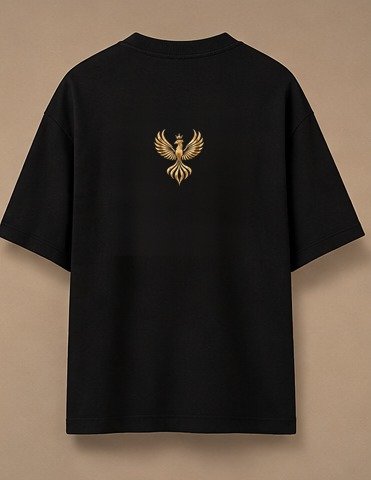 THE HOUSE TEE — INK — editorial back (flat) Editorial lookbook mockup: black THE HOUSE TEE — INK laid flat, back view with the small gold-coloured Luxoriq phoenix crest