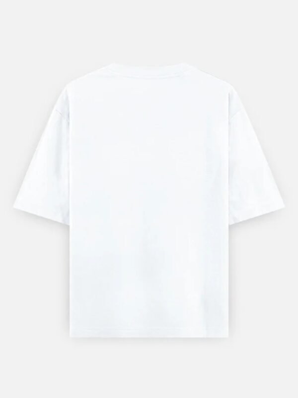 The House Tee in white, back view, left blank
