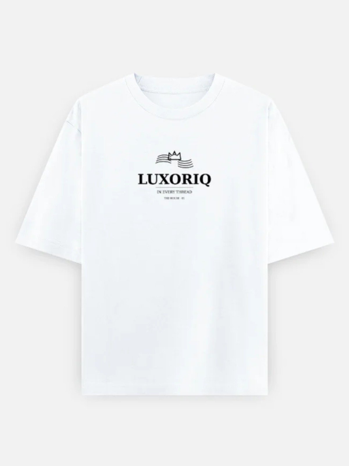 The House Tee in white, front view with the small chest print